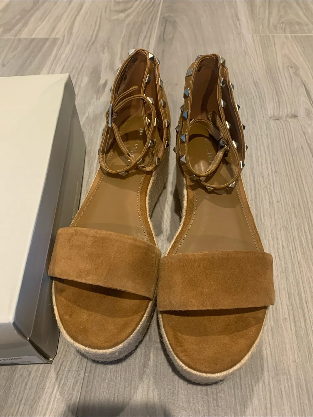 Marc Fisher Tan Suede Studded Wrap Espadrille Wedges